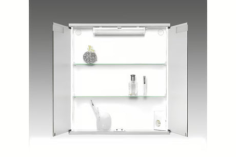 Bijeli ormarić s ogledalom Jokey Cento 60 s osvjetljenjem, zrcalnim vratima i staklenim policama.