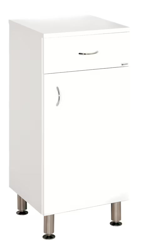 Bijelo lakirani kupaonski ormarić Keramia Pro s vratima i visinski podesivim nožicama.
