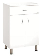 Bijela sjajna kupaonski ormarić Keramia Pro s utičnicom, s dvoja vrata i nogicama od nehrđajućeg čelika.