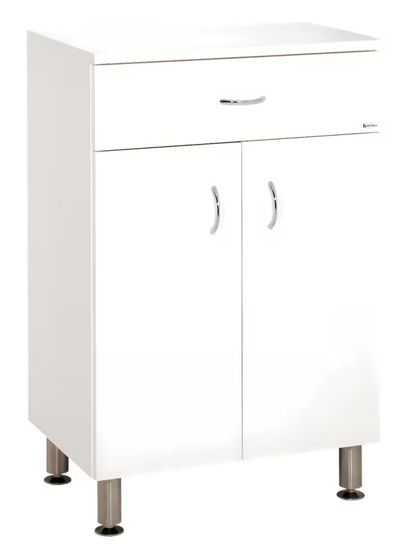 Bijela sjajna kupaonski ormarić Keramia Pro s utičnicom, s dvoja vrata i nogicama od nehrđajućeg čelika.