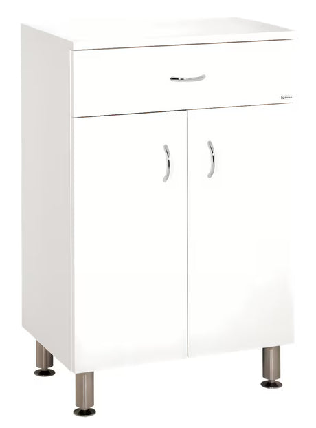 Bijela sjajna kupaonski ormarić Keramia Pro s utičnicom, s dvoja vrata i nogicama od nehrđajućeg čelika.