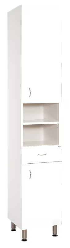 Bijela visoka kupaonski ormarić Keramia Pro s lakiranim bočnim i prednjim plohama.