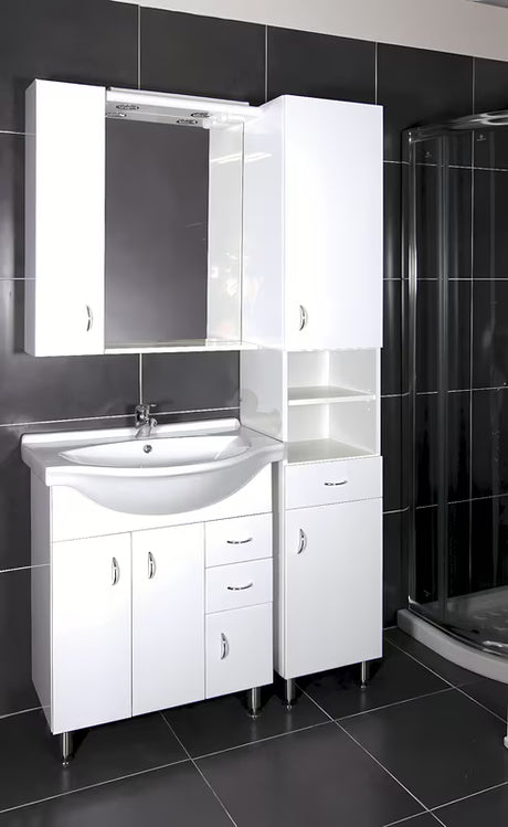 Bijela kupaonski ormarić s umivaonikom Keramia Pro neutralnog dizajna prikladnog za većinu kupaonica.