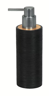 Crni dozator sapuna Kleine Wolke Kyoto s detaljem od bambusa i fino rebrastom površinom.