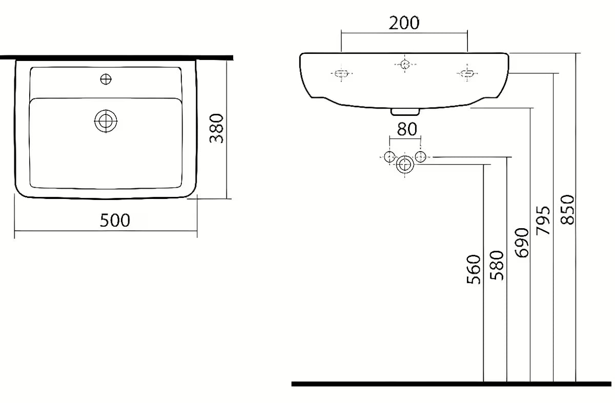 Keramički umivaonik za kupaonski ormarić Kolo Rekord 50 x 38 cm u bijeloj boji s otvorom za pro slavinu u sredini.