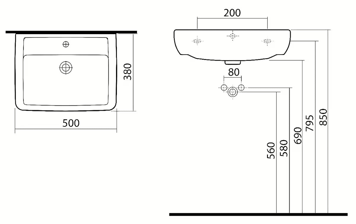 Keramički umivaonik za kupaonski ormarić Kolo Rekord 50 x 38 cm u bijeloj boji s otvorom za pro slavinu u sredini.