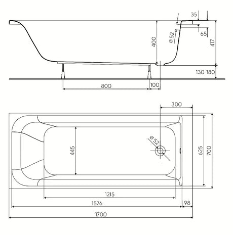 Pravokutna akrilna kada Kolo Rekord 170 x 70 cm s mogućnošću lijeve i desne izvedbe