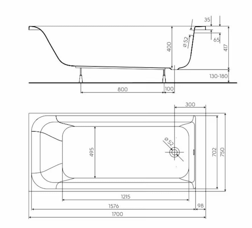 Akrilna pravokutna kada Kolo Rekord 170 x 75 cm s univerzalnom lijevom i desnom izvedbom.