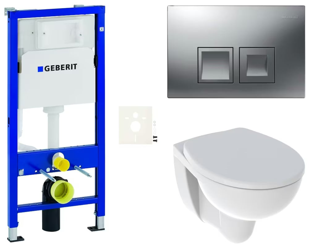 Viseći WC set Kolo Rekord s modulom Geberit Duofix i tipkom za ispiranje u mat krom izvedbi.