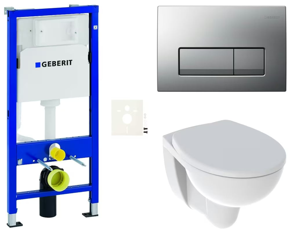 Viseći WC set Kolo Rekord s modulom Geberit Duofix, sjedalom soft Close i tipkom u mat krom izvedbi.