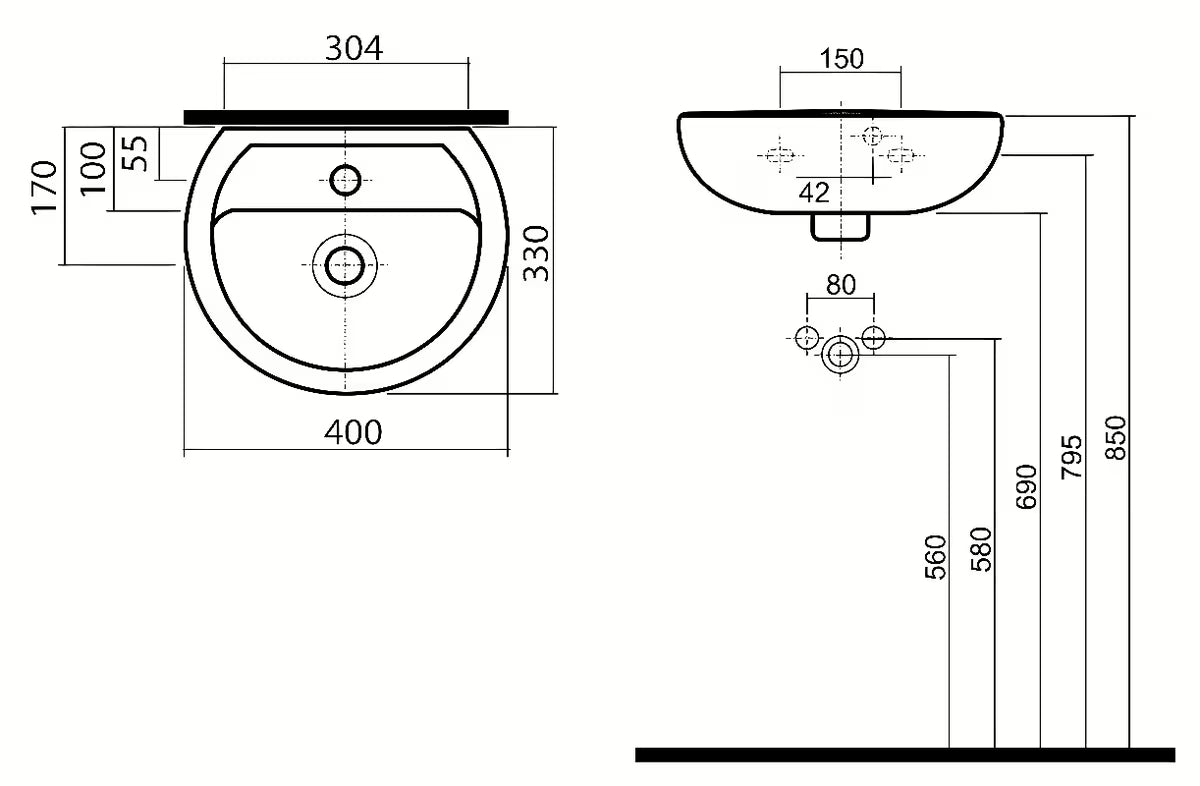 Bijeli keramički mali umivaonik Kolo Rekord 40x33 cm s otvorom za pro slavinu u sredini