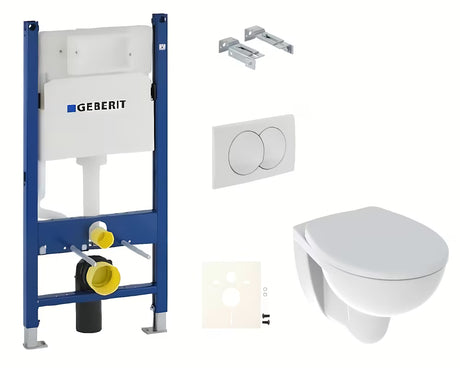 Viseći WC set Kolo Rekord s podžbuknim modulom Geberit, tipkom Delta i sjedalom soft Close u bijeloj boji.