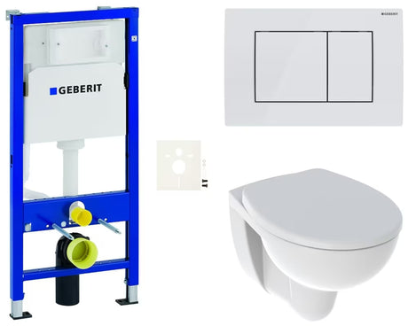 Viseći WC set Kolo Rekord s modulom Geberit Duofix, WC školjkom bez ruba i tipkom za ispiranje u bijeloj boji.
