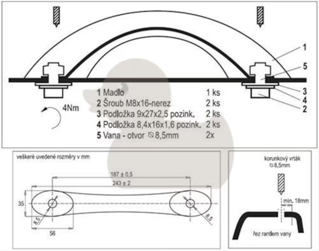 Ručka Laguna za akrilne kade, montaža prije postavljanja kade.