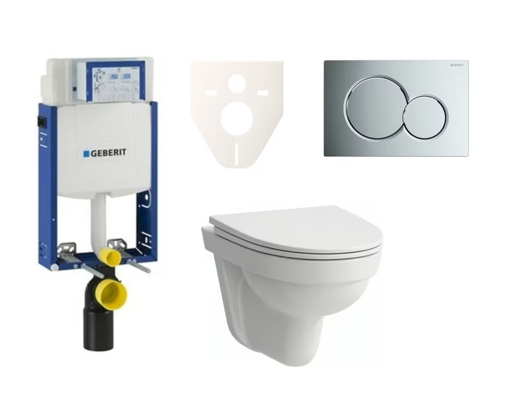 Viseći WC set za ugradnju u zid Laufen Pro Nordic sa skrivenim vodokotlićem Geberit i tipkom za ispiranje u sjajnom kromu.