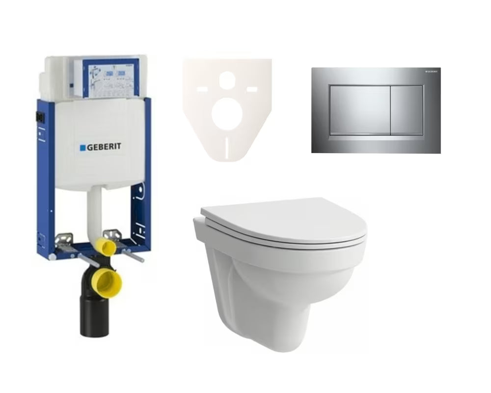 Viseći WC set Laufen Pro Nordic za ugradnju u zid s vodokotlićem Geberit Kombifix i tipkom za ispiranje u sjajnom kromu.