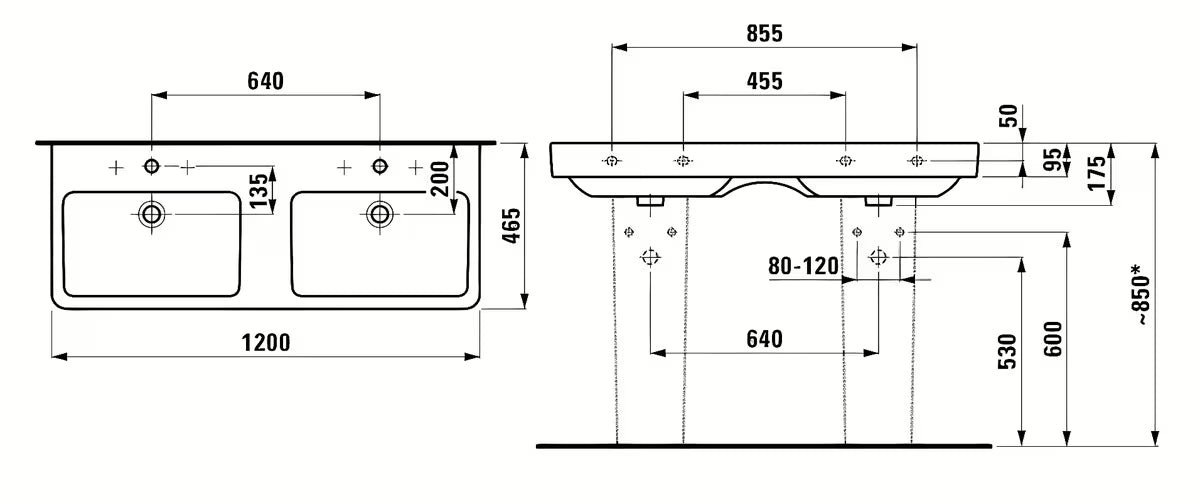 Bijeli keramički dvostruki umivaonik Laufen Pro S 120 x 46 cm s dva otvora pro slavinu
