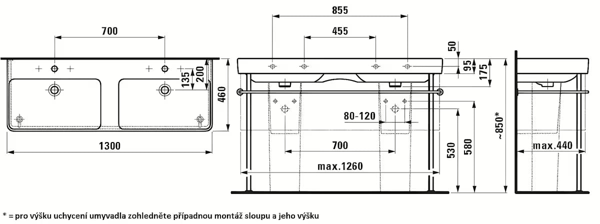 Bijeli keramički dvostruki umivaonik Laufen Pro S 130x46 cm pro za ugradnju u kupaonski namještaj
