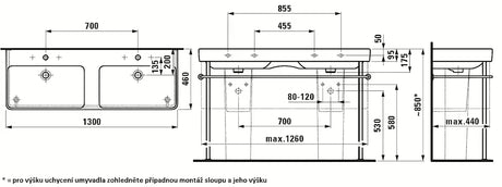 Bijeli keramički dvostruki umivaonik Laufen Pro S 130x46 cm pro za ugradnju u kupaonski namještaj