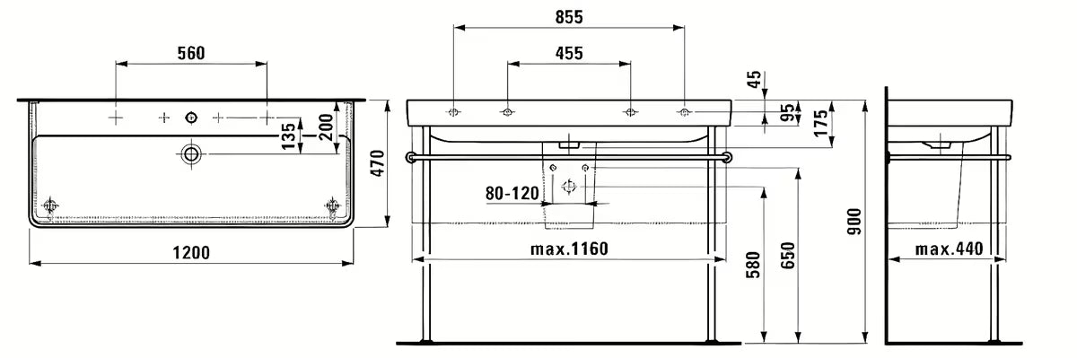 Bijeli viseće dvostruki umivaonik Laufen Pro S 120x46 cm od sanitarne keramike s dva otvora pro slavinu.