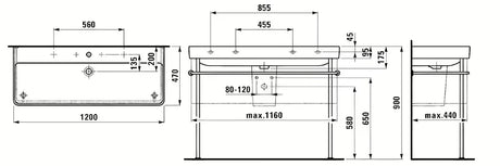 Bijeli viseće dvostruki umivaonik Laufen Pro S 120x46 cm od sanitarne keramike s dva otvora pro slavinu.