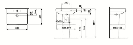 Bijeli viseće keramički umivaonik Laufen Pro S otvorom pro za slavinu u sredini, 60x46,5 cm.