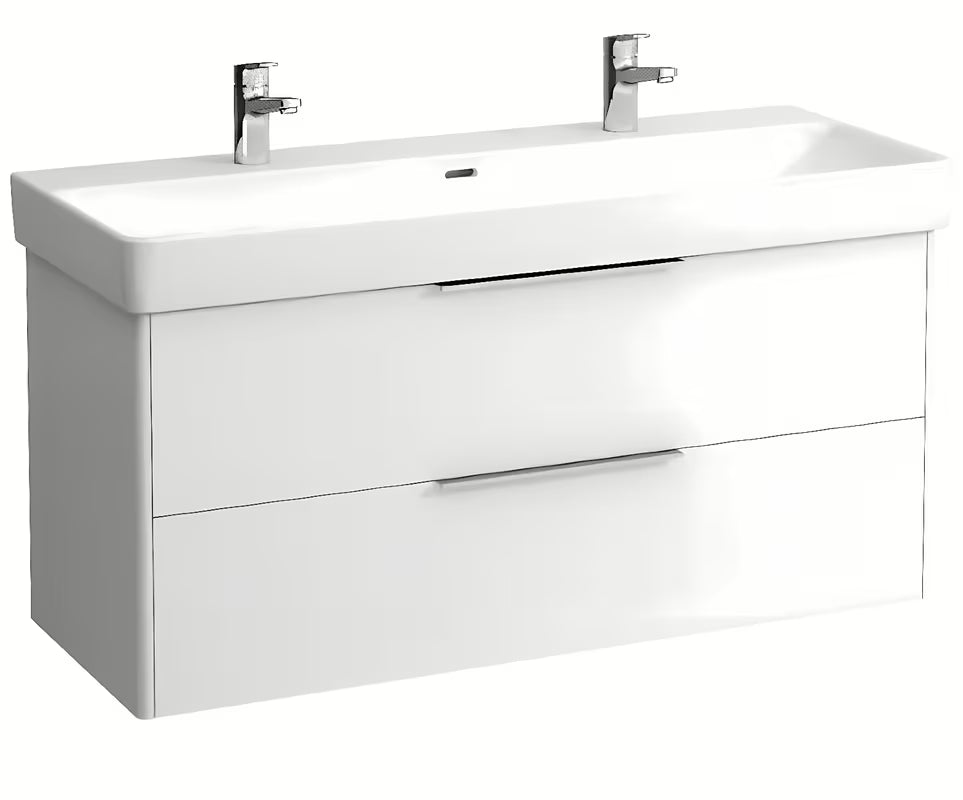 Bijeli viseće dvostruki umivaonik Laufen Pro S 120x46 cm od sanitarne keramike s dva otvora pro slavinu.