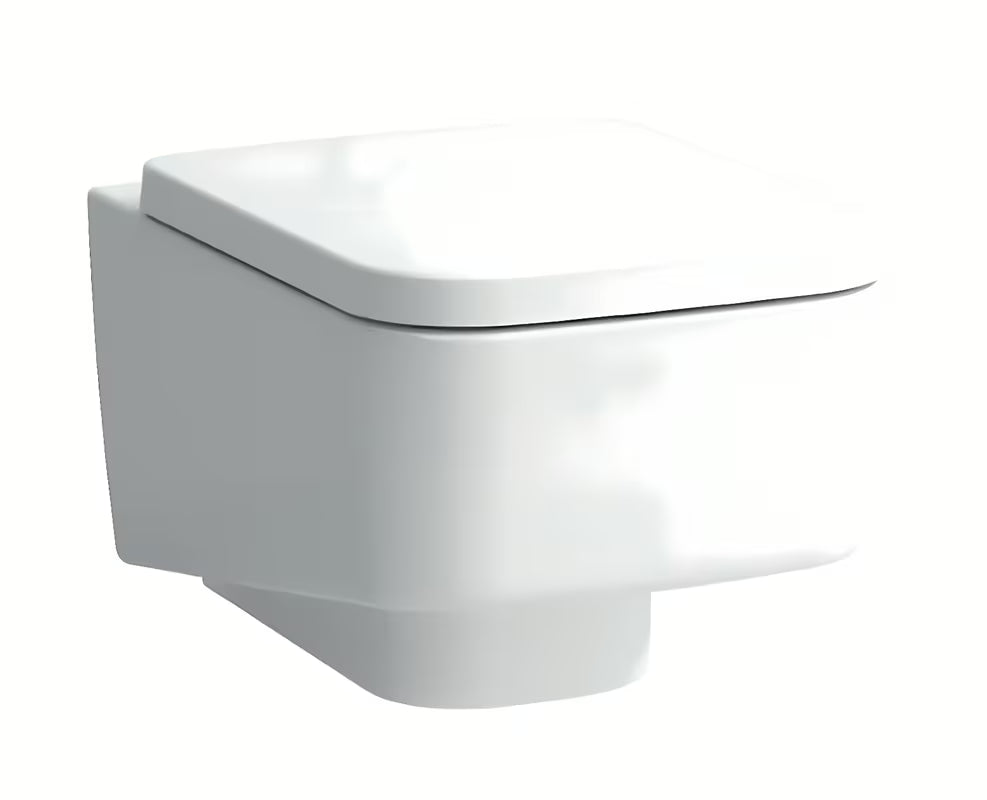 Bijeli viseća WC školjka Laufen Pro S bezrubnom izvedbom bez sustava za ispiranje i četvrtastim dizajnom.