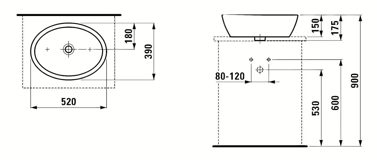 Laufen Pro umivaonik na ploču 52 x 39 cm od bijele keramike bez otvora za miješalicu