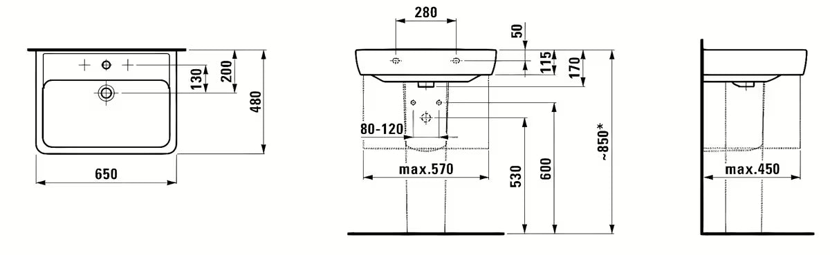 Viseće keramički umivaonik Laufen Pro A 65 x 48 cm u bijeloj boji s otvorom pro za slavinu u sredini.