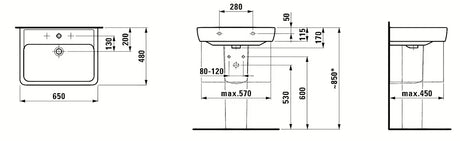 Viseće keramički umivaonik Laufen Pro A 65 x 48 cm u bijeloj boji s otvorom pro za slavinu u sredini.