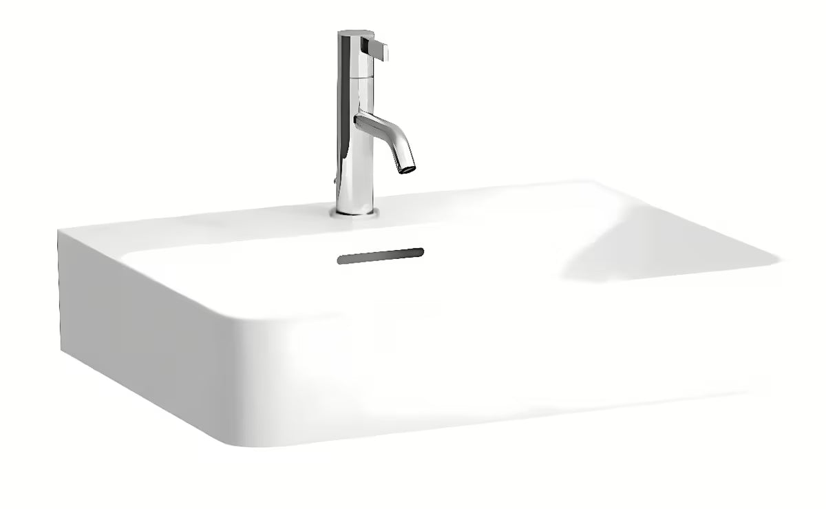 Bijeli viseći umivaonik Laufen Val 55x42 cm od materijala SaphirKeramik sa središnjim otvorom pro slavinu