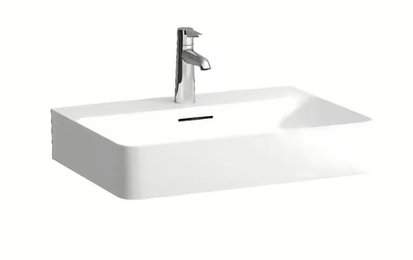 Bijeli keramički viseći umivaonik Laufen Val 60×42 cm s otvorom pro slavinu u sredini.