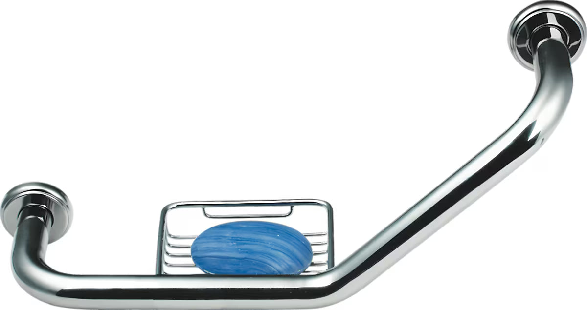 Kutne zidni ručka SIKO Multi Chrome od nehrđajućeg čelika s integriranom sapunjerom pro sigurnije kretanje u kupaonici.