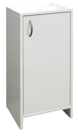 Bijela kupaonski ormarić Multi Praxis u ekonomičnoj varijanti s površinom od bijelog laminata.