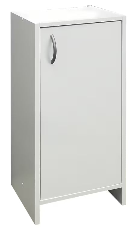 Bijela kupaonski ormarić Multi Praxis u ekonomičnoj varijanti s površinom od bijelog laminata.