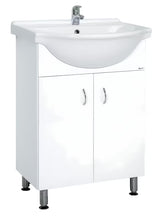 Bijela kupaonski ormarić Multi Pro s keramičkim umivaonikom širine 55 cm i nogicama od nehrđajućeg čelika.