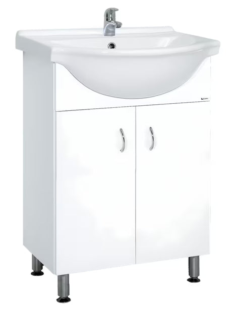 Bijela kupaonski ormarić Multi Pro s keramičkim umivaonikom širine 55 cm i nogicama od nehrđajućeg čelika.