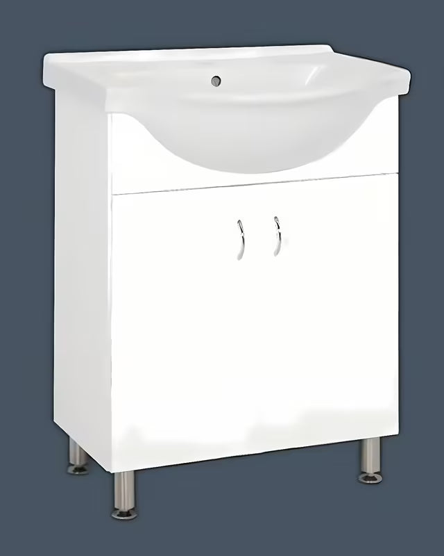 Bijela kupaonski ormarić Multi Pro s keramičkim umivaonikom širine 66 cm i nogicama od nehrđajućeg čelika