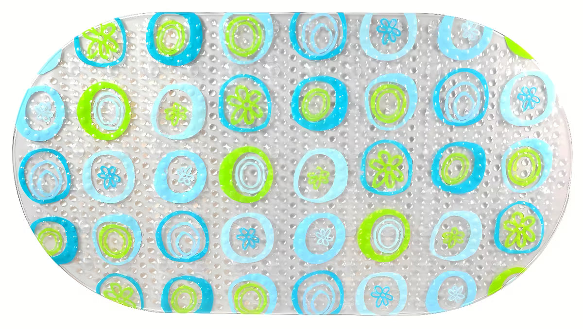 Protuklizna podloga za kade Multi u prozirnoj izvedbi s plavo-zelenim aplikacijama i vakuumskim čašicama.