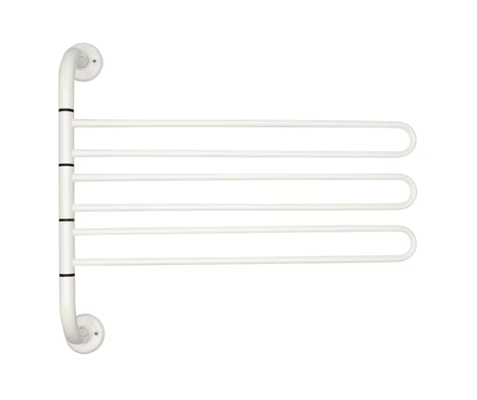 Bijeli trokraki rotirajući sušilo za rublje za kupaonicu pro sušenje ručnika i kupaonskih ručnika.