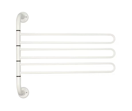 Bijeli trokraki rotirajući sušilo za rublje za kupaonicu pro sušenje ručnika i kupaonskih ručnika.