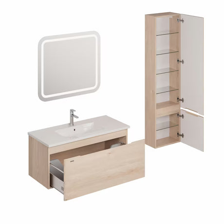 Kupaonski set Naturel Ancona u dekoru akacije s keramičkim umivaonikom i LED ogledalom