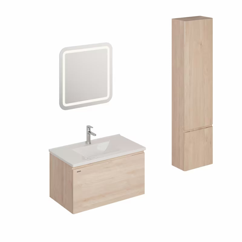 Kupaonski set Naturel Ancona u dekoru akacije s keramičkim umivaonikom, ormarićima, slavinom i LED ogledalom.