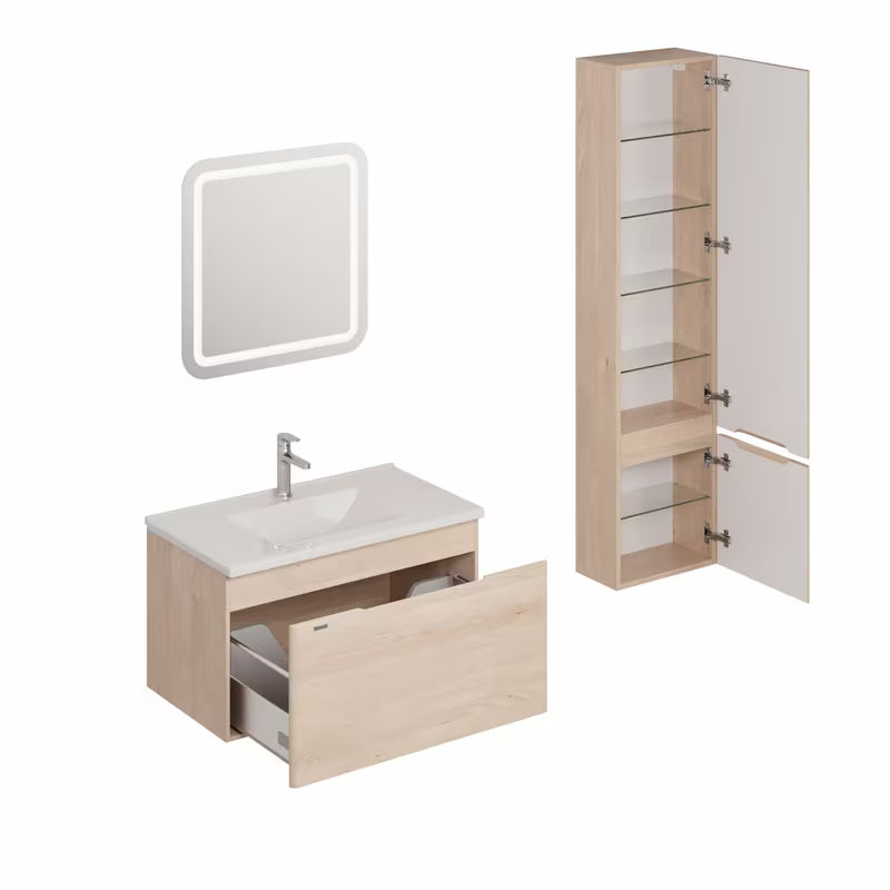 Kupaonski set Naturel Ancona u dekoru akacije s keramičkim umivaonikom, ormarićima, slavinom i LED ogledalom.