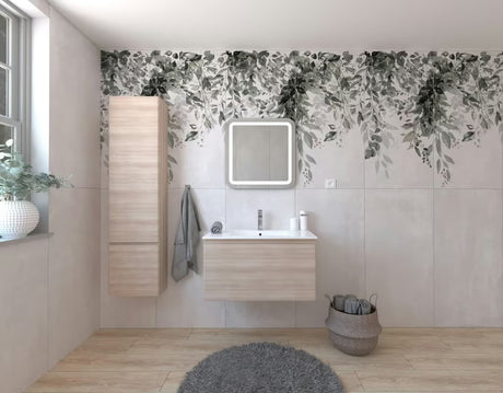 Kupaonski set Naturel Ancona u dekoru akacije s keramičkim umivaonikom, ormarićima, slavinom i LED ogledalom.