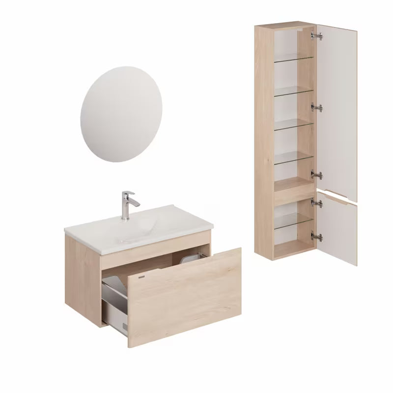 Kupaonski set Naturel Ancona u dekoru akacije s keramičkim umivaonikom i visećim ormarićima