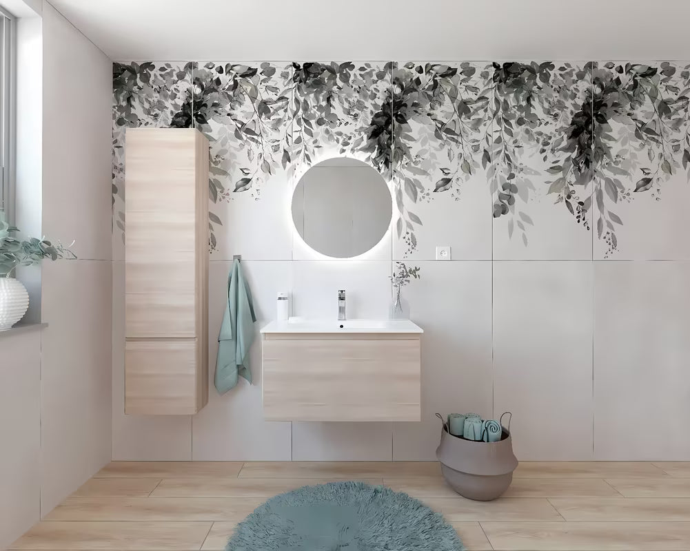 Kupaonski set Naturel Ancona u dekoru akacije s keramičkim umivaonikom i visećim ormarićima