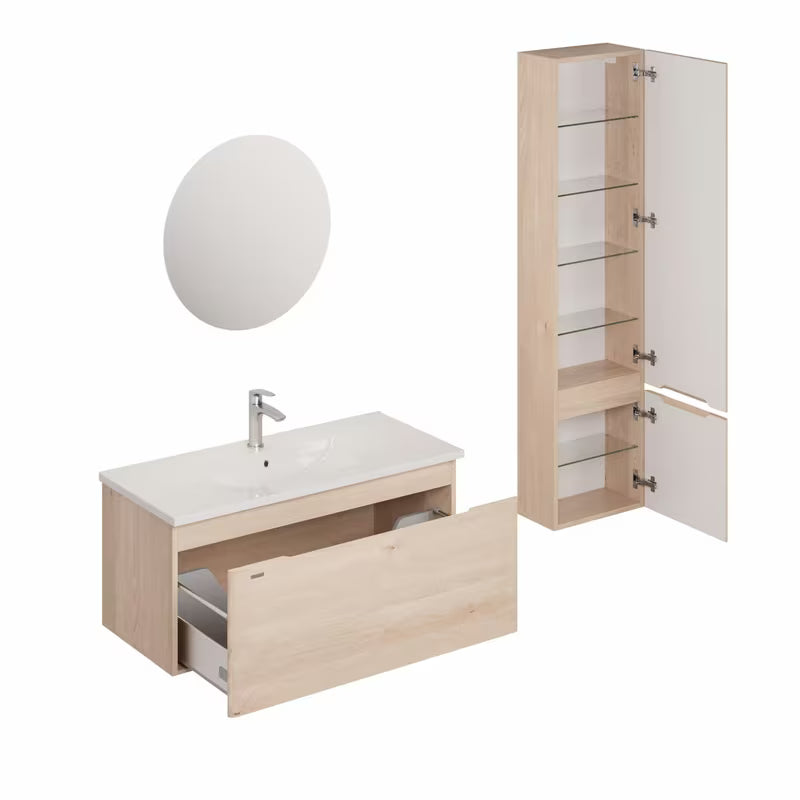 Kupaonski set Naturel Ancona u dekoru akacije s visećim ormarićem, umivaonikom i LED ogledalom