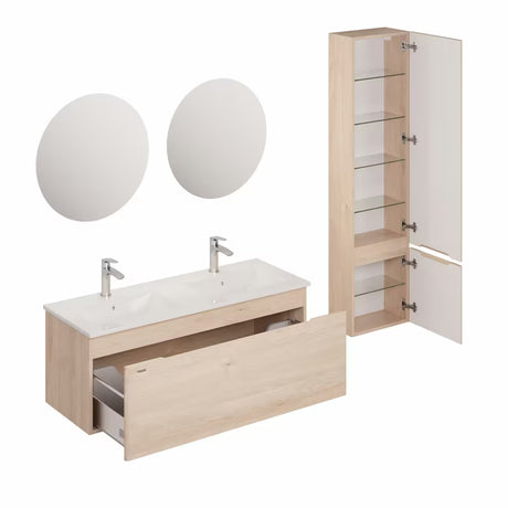 Kupaonski set Naturel Ancona u dekoru akacije s dvostrukim umivaonikom, s ormarićima i LED ogledalima